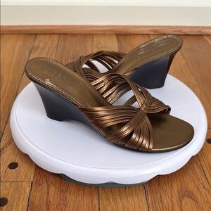 Franco Sarto Leather Bronze Strappy Wedge Sandals Made in Brazil Women 6.5